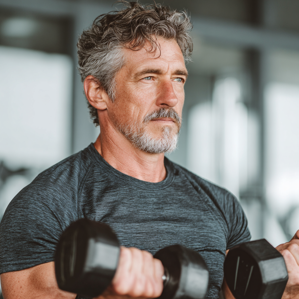 Mature man in his 50s exercising with dumbbells in a modern gym, showing proper form and dedication to fitness, wearing professional workout attire